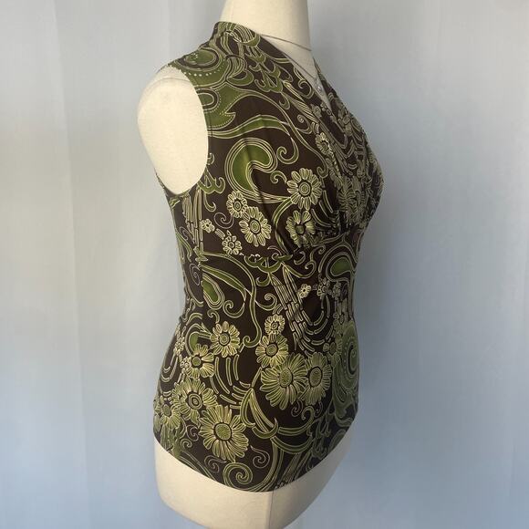 Y2K Tank Top Size Large L Brown Green Floral Empire Waist Babydoll Stretch Boho - Picture 4 of 9